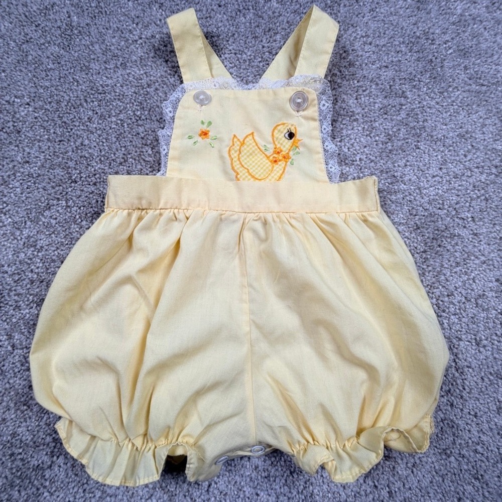 Vintage Yellow Duck Embroidered Bubble Romper Lace Trim Sunsuit 12 Months